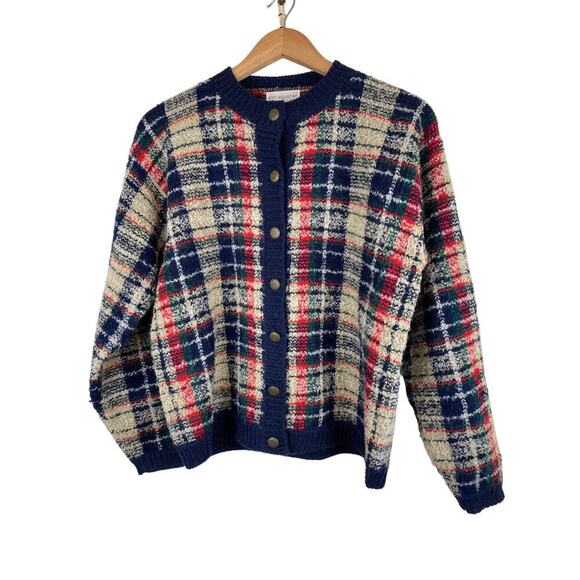 Christopher & Banks Women's M Fuzzy Plaid Wool Blend Cardigan Sweater - Picture 1 of 6